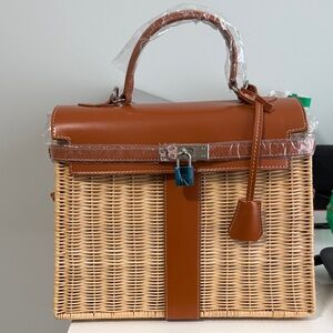 Brown and Tan Woven Leather Handbag